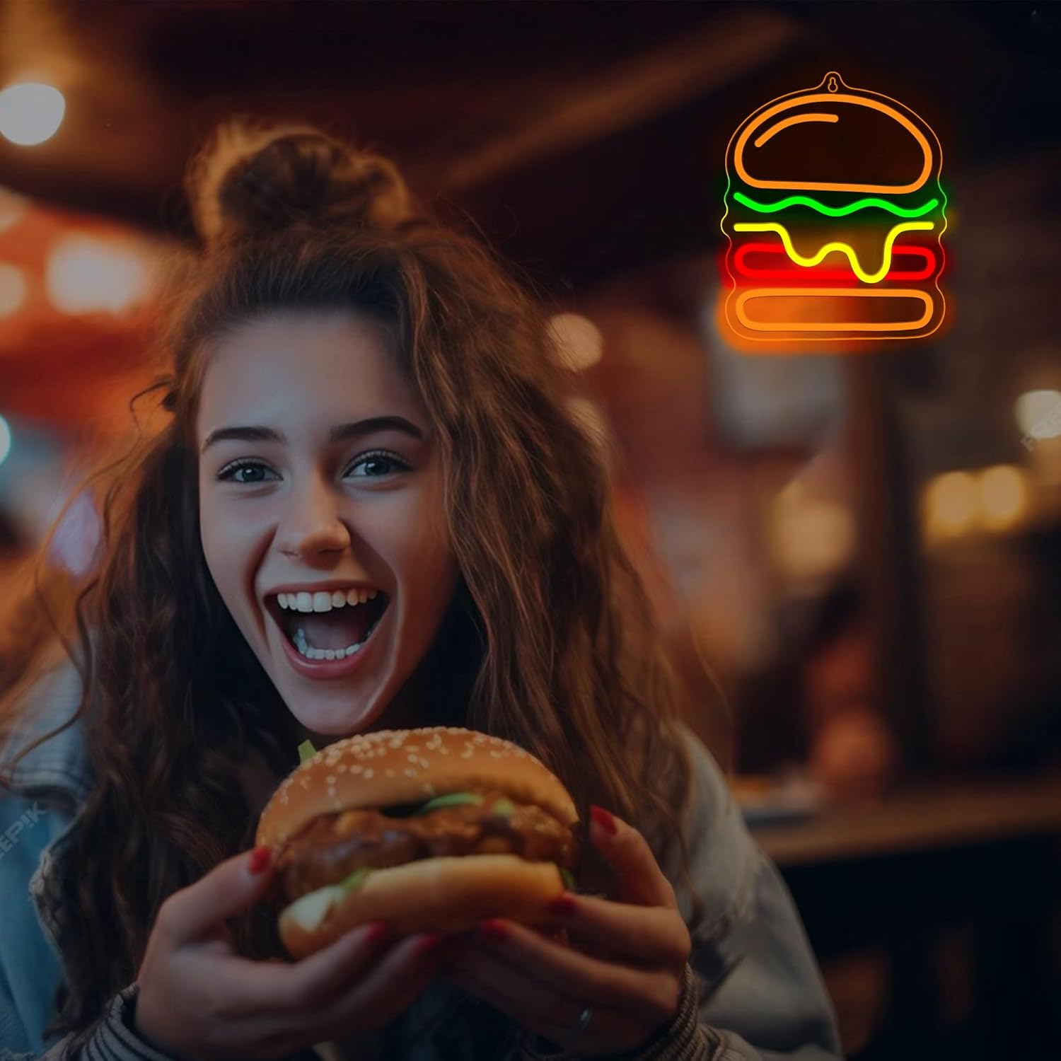 Burger Neon Sign with Layered  - Commercial Kitchen Walls reseña y precio